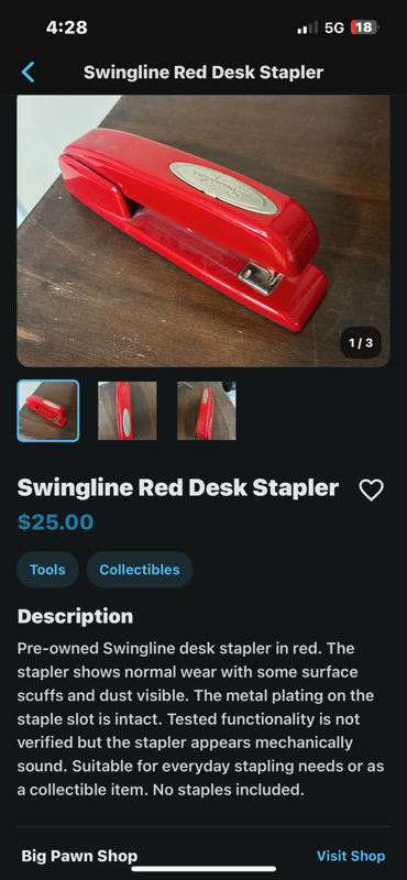 PawnShopper mobile app showing an item listing with AI-generated description